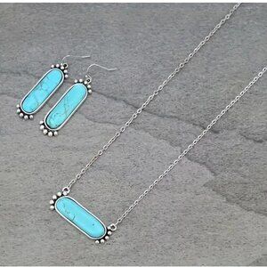 Imitation Turquoise Necklace & Earring Set With Silver Chain Southwest Style